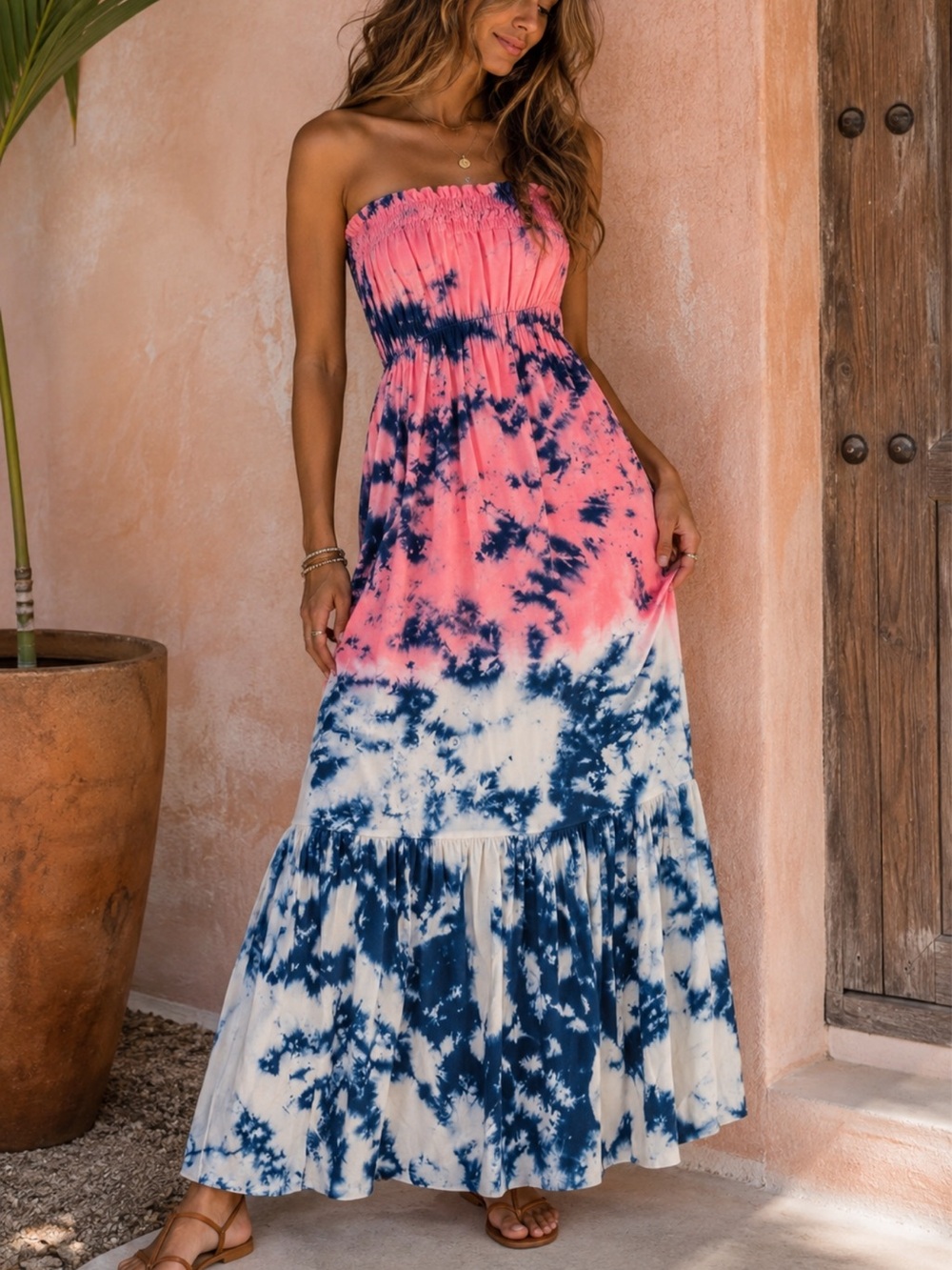 Anthropologie Amadi Tie Dye Strapless Maxi Dress XS Pink Blue Boho